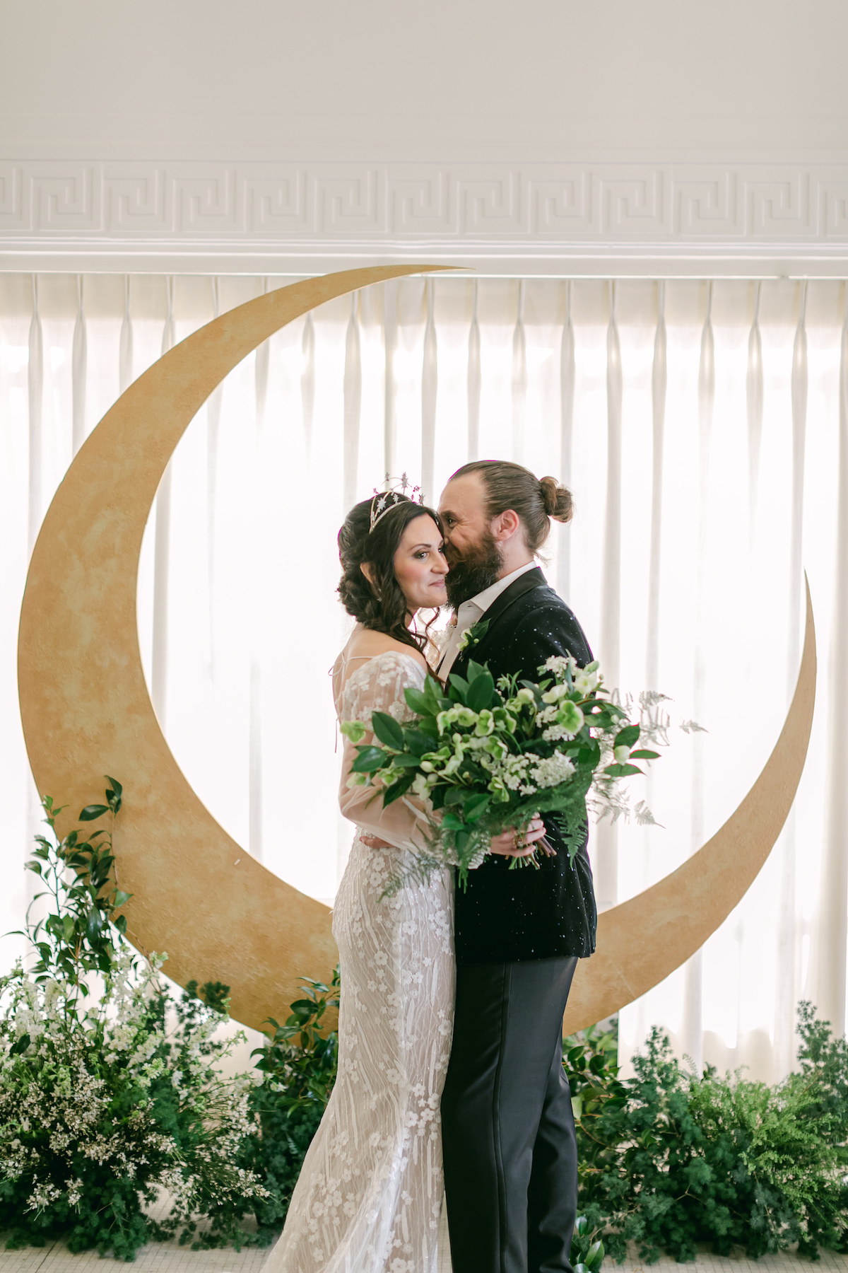 Celestial Wedding with gold moon ceremony installation - Lily Tapia Photography