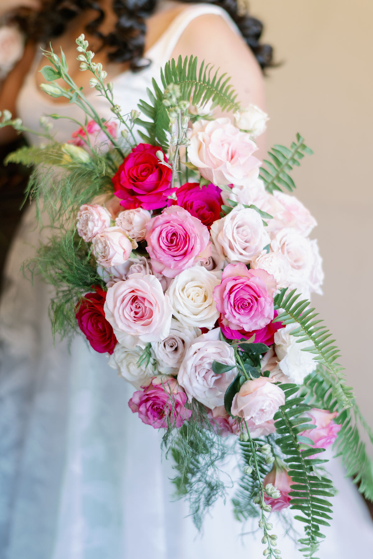 Cascading pink wedding bouquet with roses - Peony Park Photography