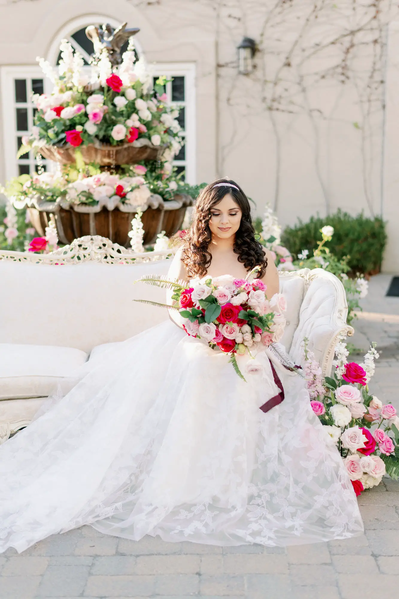 Outdoor Wedding reception decor with pink roses - Peony Park Photography