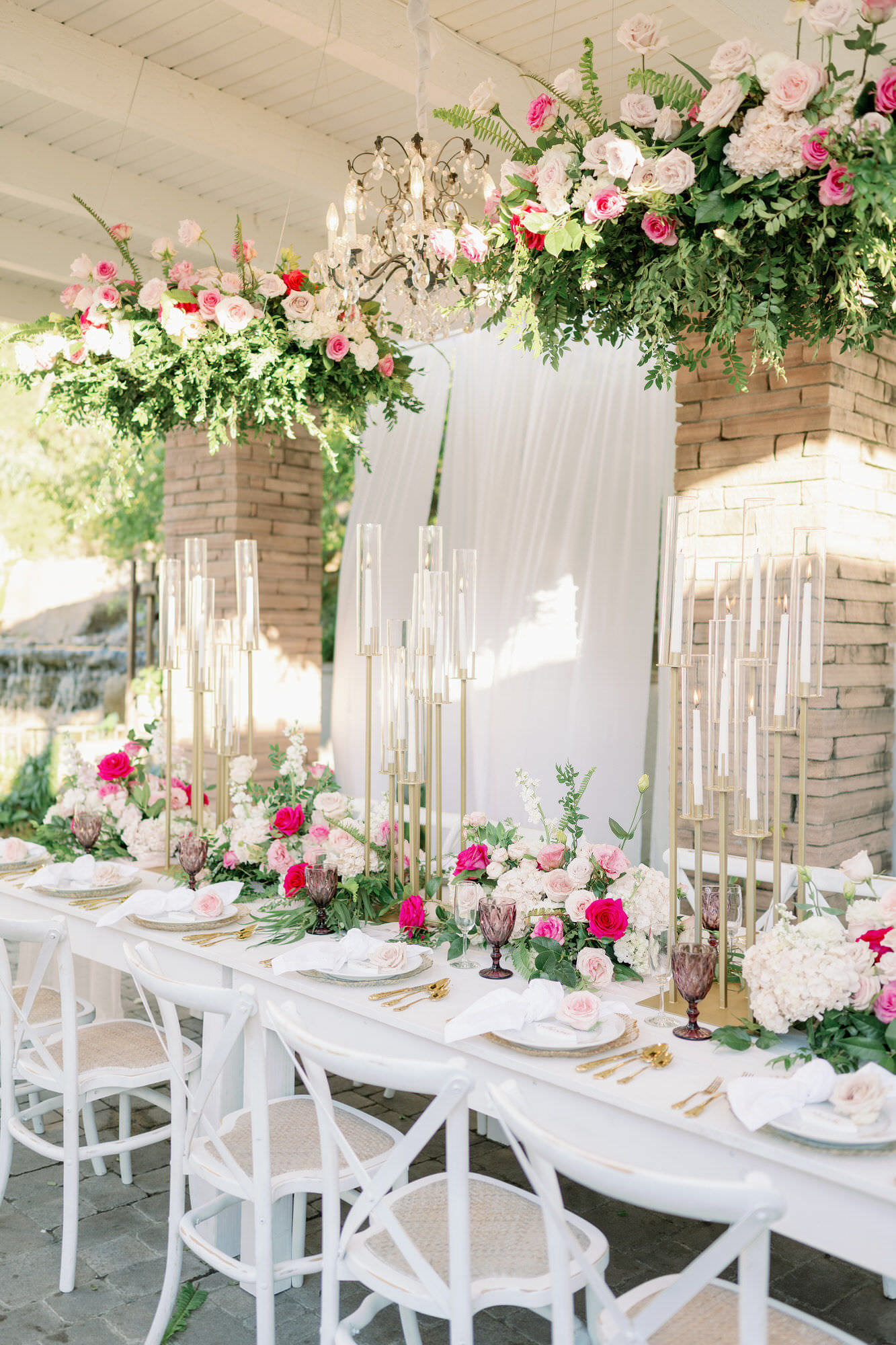 Pink wedding table decorations with hanging installation - Peony Park Photography