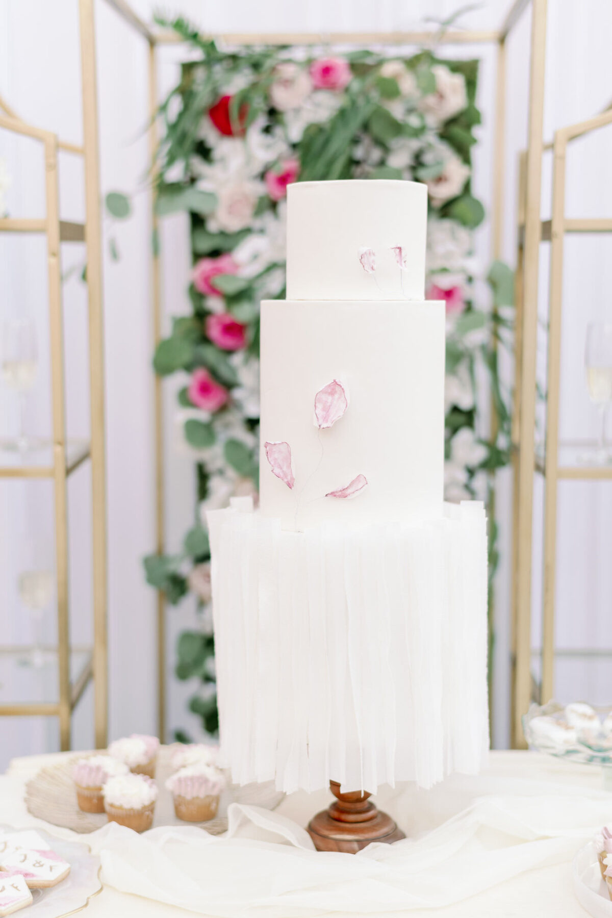 White wedding cakeWedding cookiesWedding cake table decorWhite wedding cake - Peony Park Photography