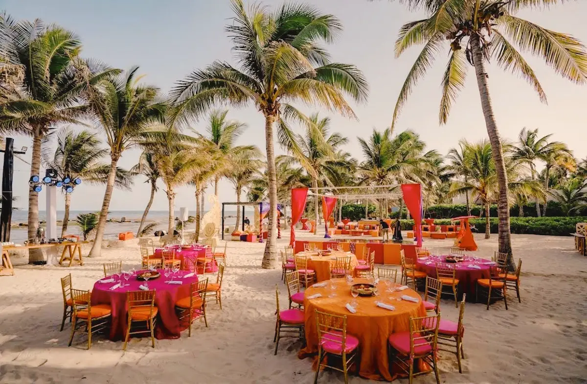 Beach Wedding Reception - EL Dorado Resorts -fuentes sangeet pink and orange