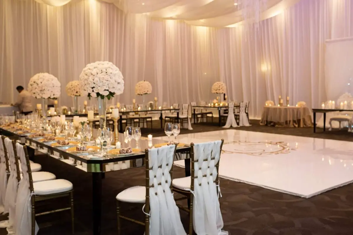 Destination Wedding Riviera Maya - El Dorado Resorts Ballroom with draping sheers and chandeliers