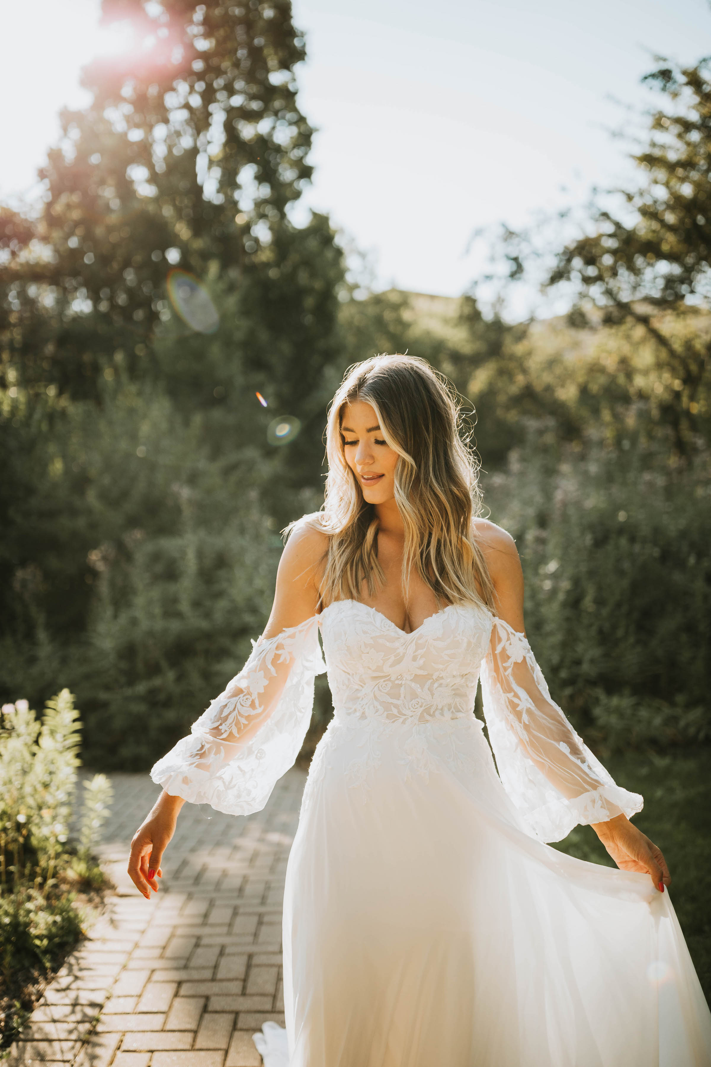 Boho Lace Wedding Dress with Illusion Off Shoulder Cap Sleeves