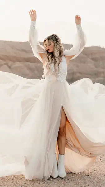 Floral Lace Boho A-Line Wedding Dress with Long Sleeves - All Who Wander Wedding  Dresses