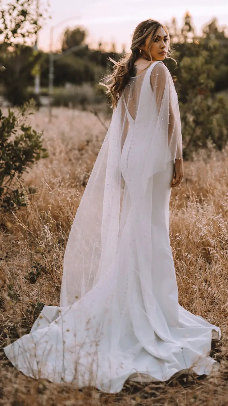 Modern Bohemian Wedding Dress with cape by All Who Wander - S21 AWW Iona