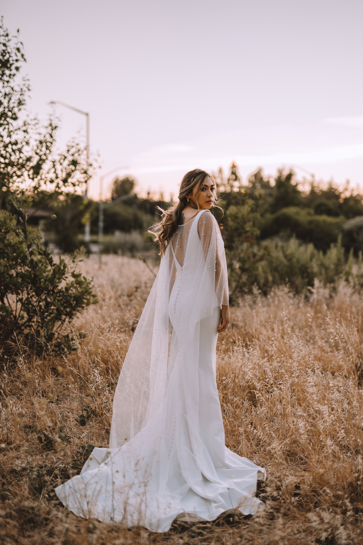 Modern Bohemian Wedding Dress with cape by All Who Wander - S21 AWW Iona