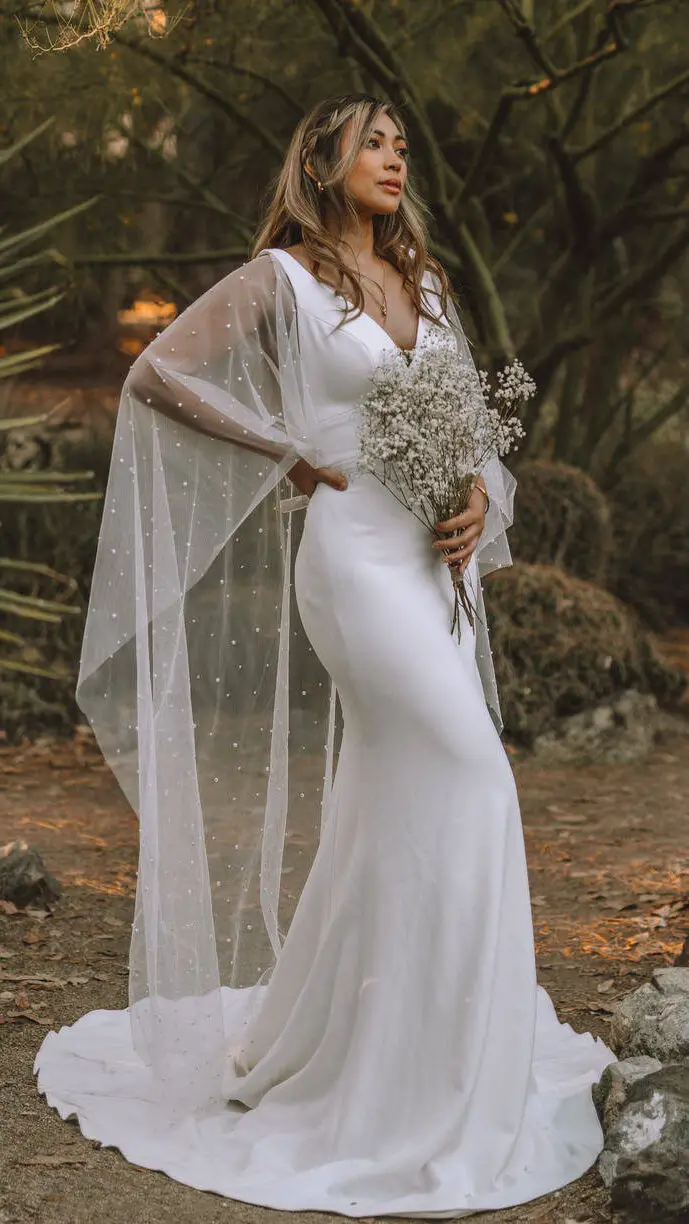 Modern Bohemian Wedding Dress with cape by All Who Wander - S21 AWW Iona