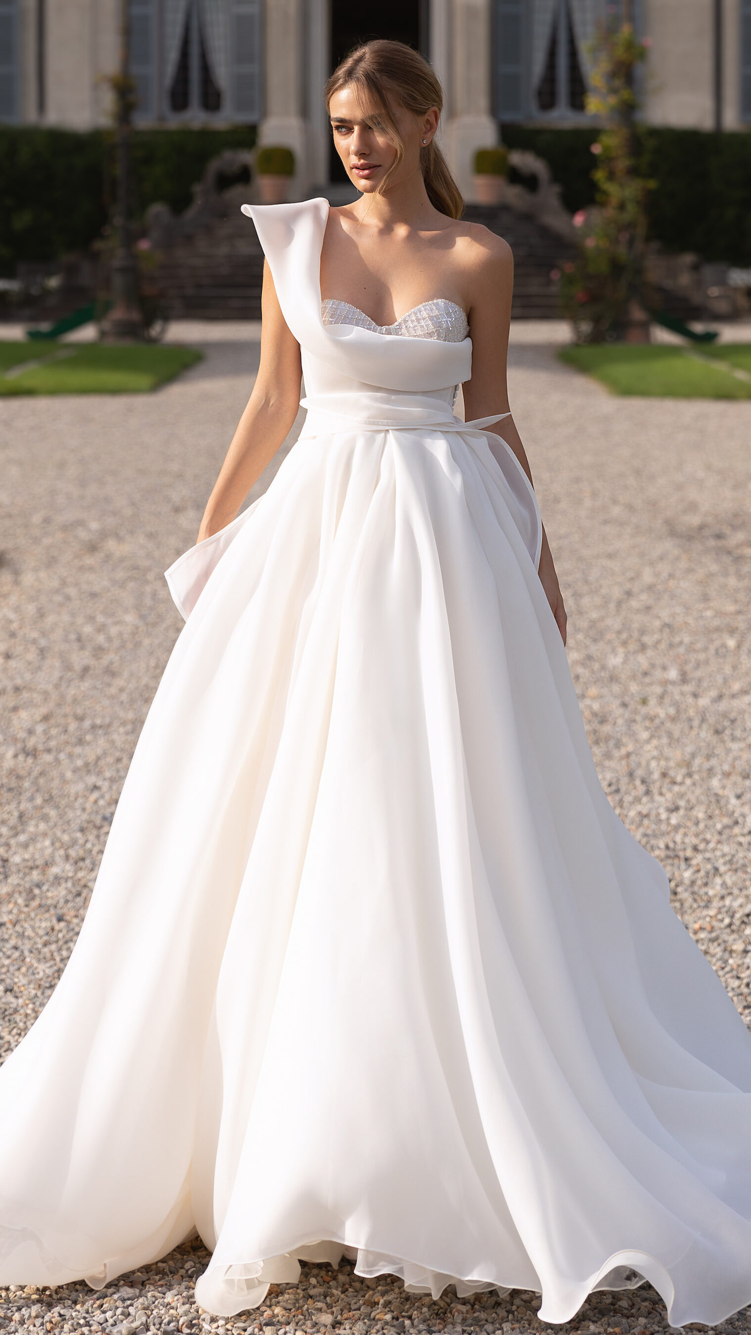 2023 Wedding Dress Trends - Asymmetrical Neckline - Pollardi - Distinction