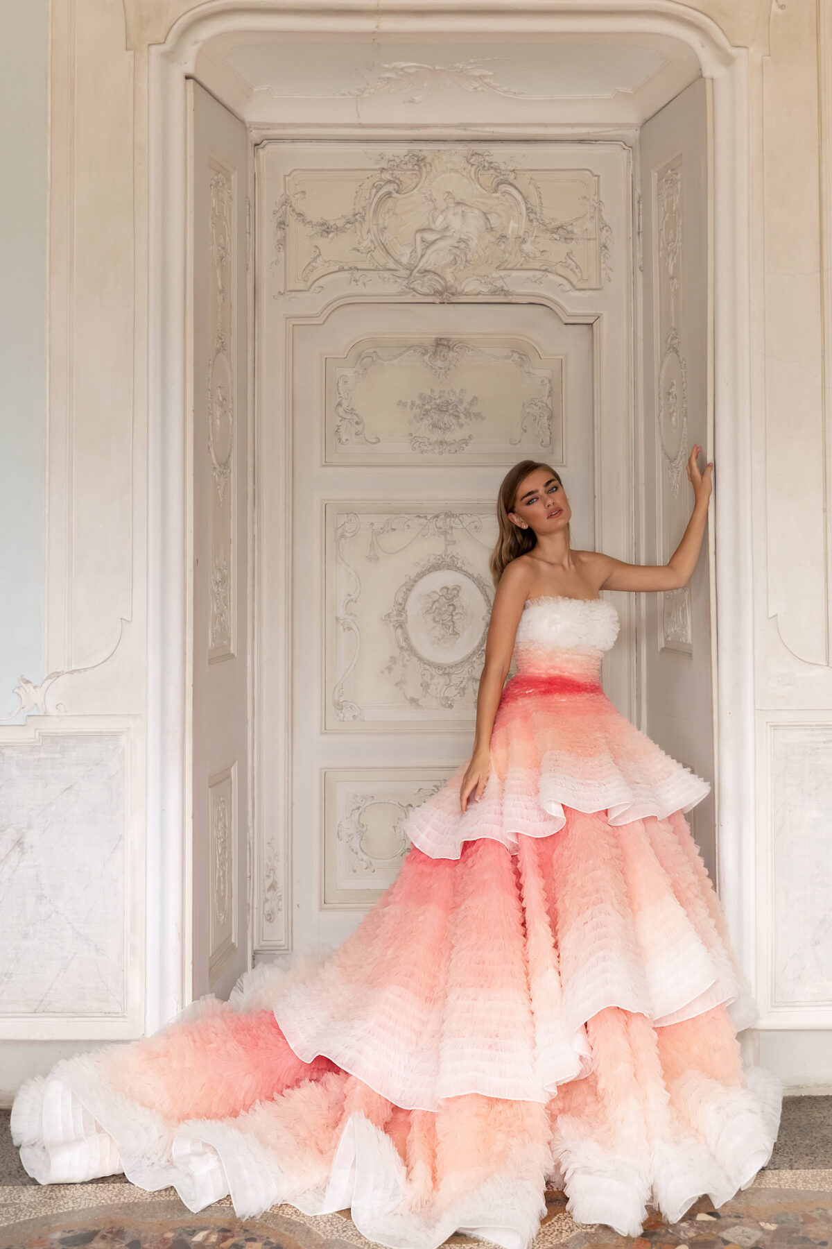 Colored Ball gown strapless wedding dress with pink, peach and salmon ruffles - Pollardi 2023 - Triumph
