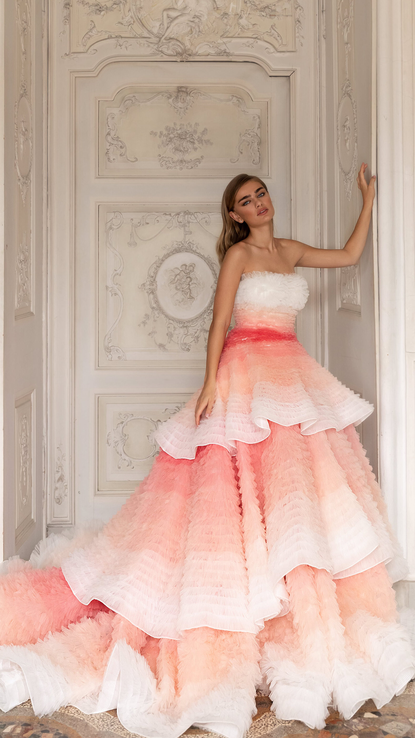 Colored Ball gown strapless wedding dress with pink, peach and salmon ruffles - Pollardi 2023 - Triumph