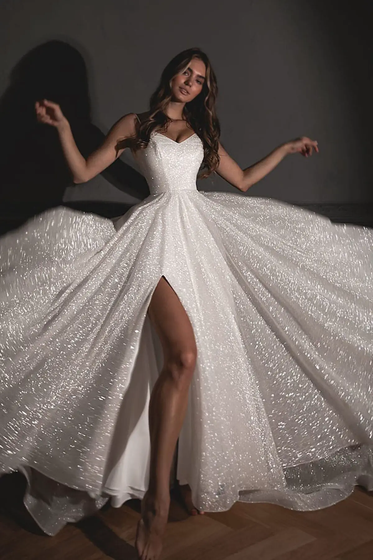 Shiny Wedding Dress Bree with a High Front Slit by Olivia Bottega