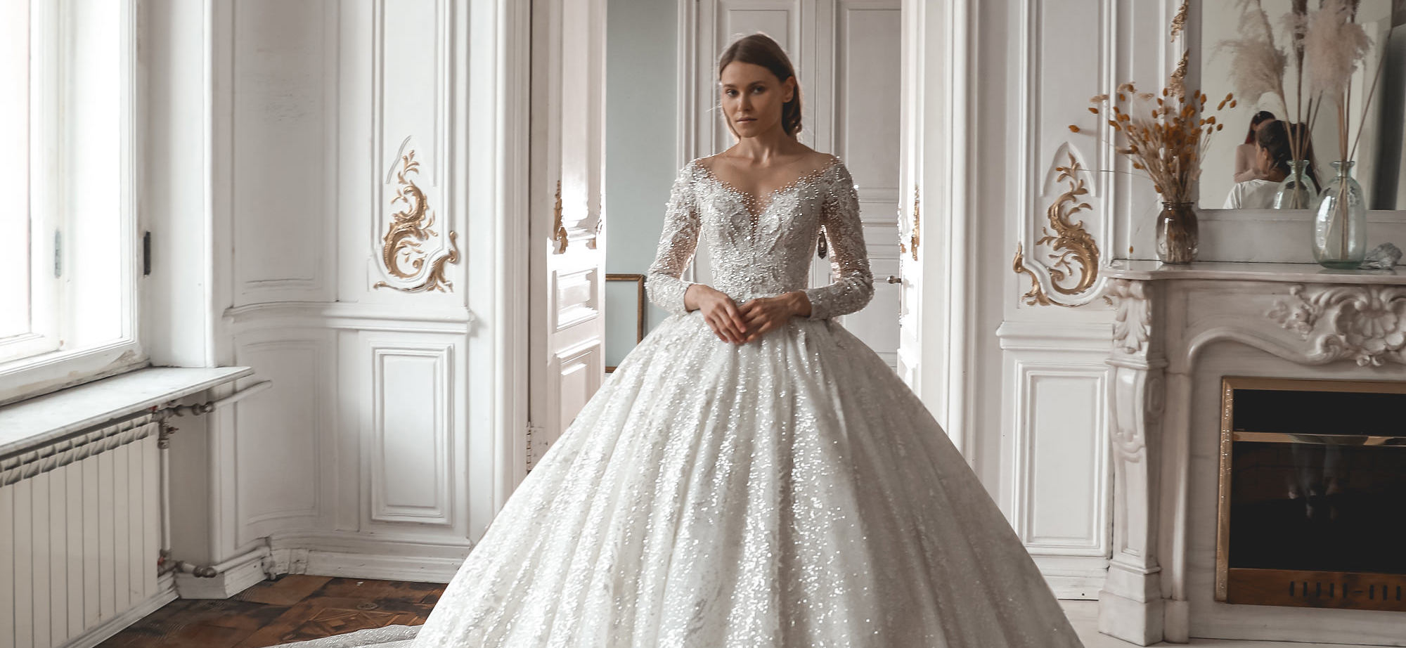 Magical Sparkly Long Sleeve Ball Gown with Square Neck Wedding Dress