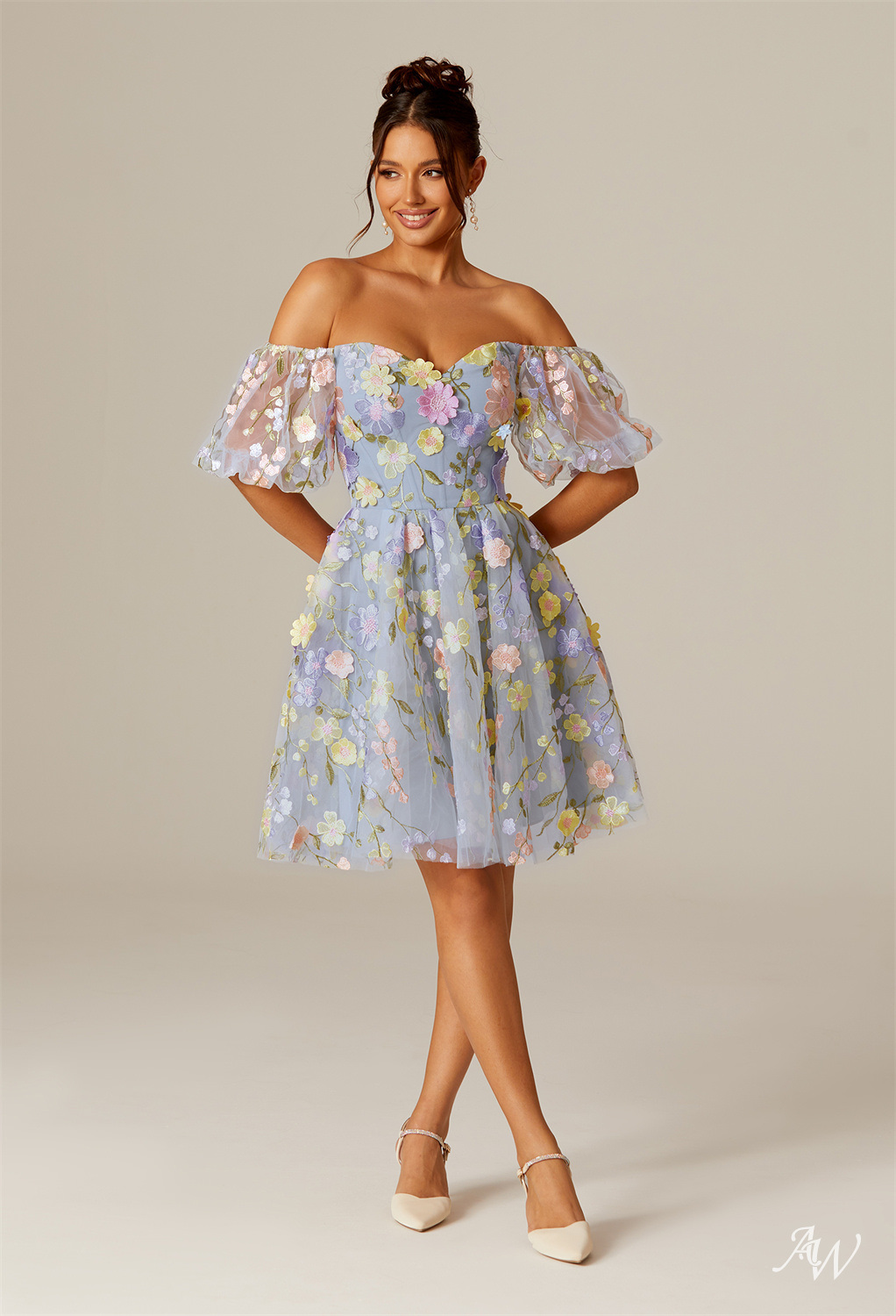 Short blue Floral dress by AW Bridal 