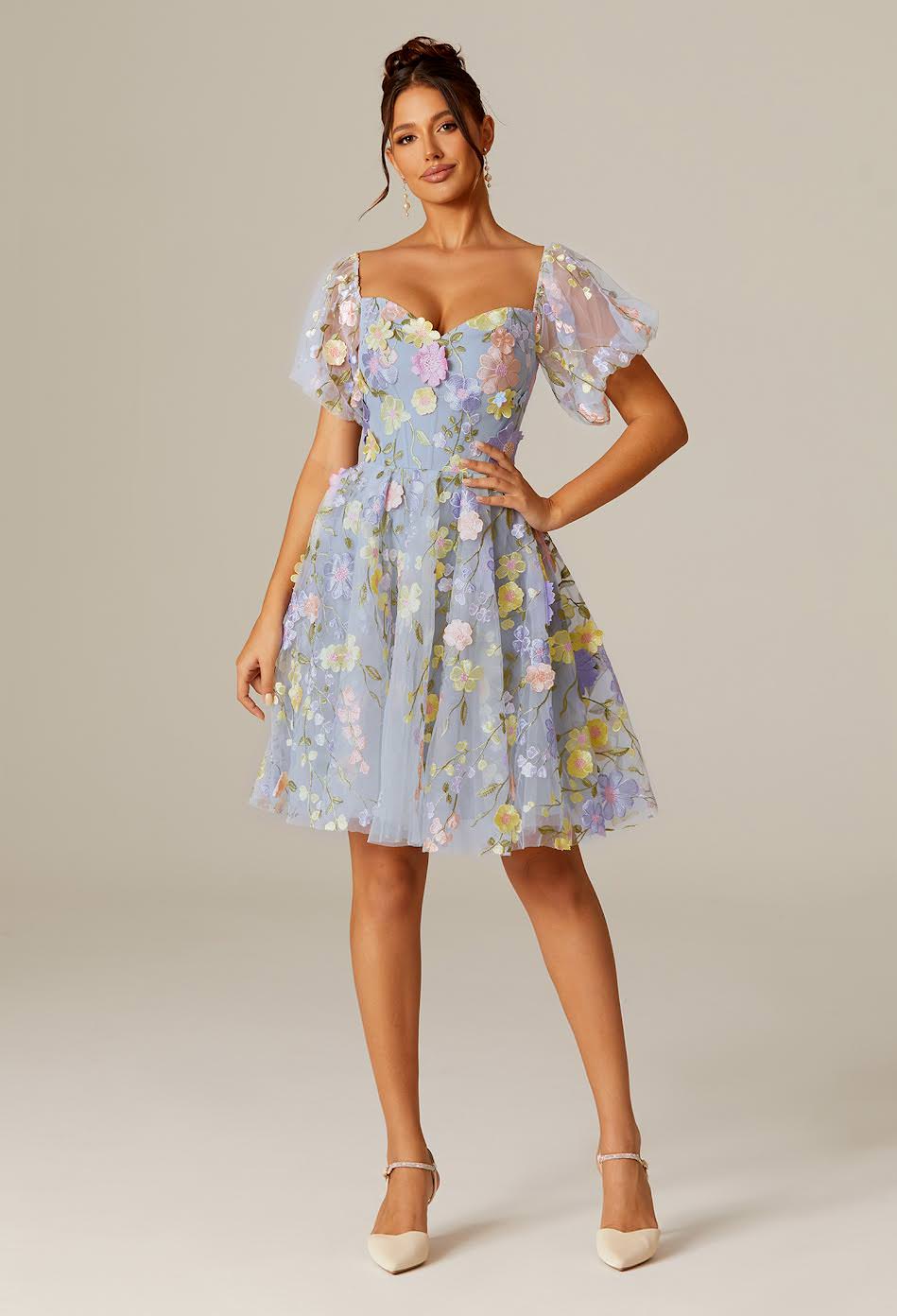 Short blue Floral dress by AW Bridal 